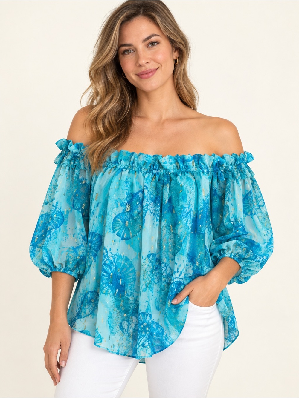 WHBM Women’s M Underwater Blue Gold Clip Dot Smocked Off-Shoulder Blouse NWT